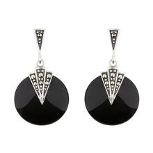 Load image into Gallery viewer, Wellington_&amp;_North_Art_Deco_Jewellery_Mabel_Black_Onyx_Marcasite_925_Sterling_Silver_Round_Drop_Earrings