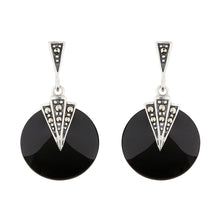 Load image into Gallery viewer, Wellington_&amp;_North_Art_Deco_Jewellery_Mabel_Black_Onyx_Marcasite_925_Sterling_Silver_Round_Drop_Earrings