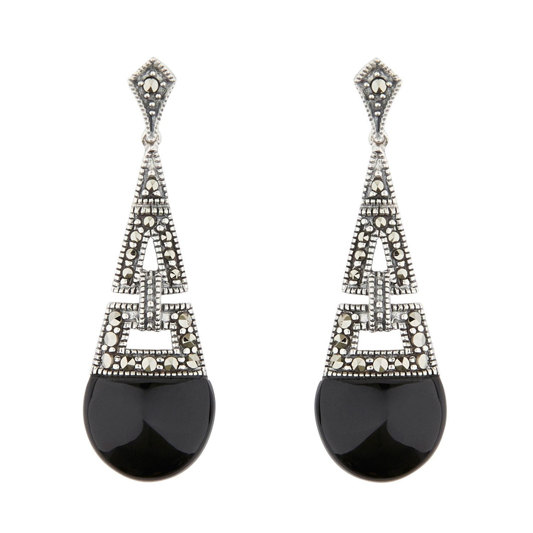 Art Deco Style Drop Earrings: Sterling Silver, Black Onyx, Marcasite