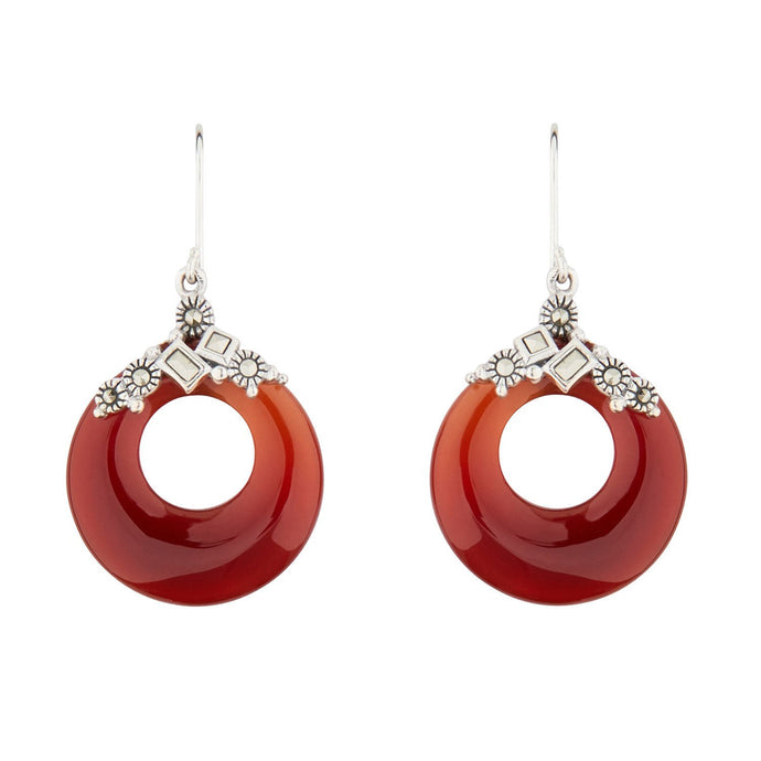 Art Deco Style Drop Earrings: Sterling Silver, Red Carnelian, Marcasite