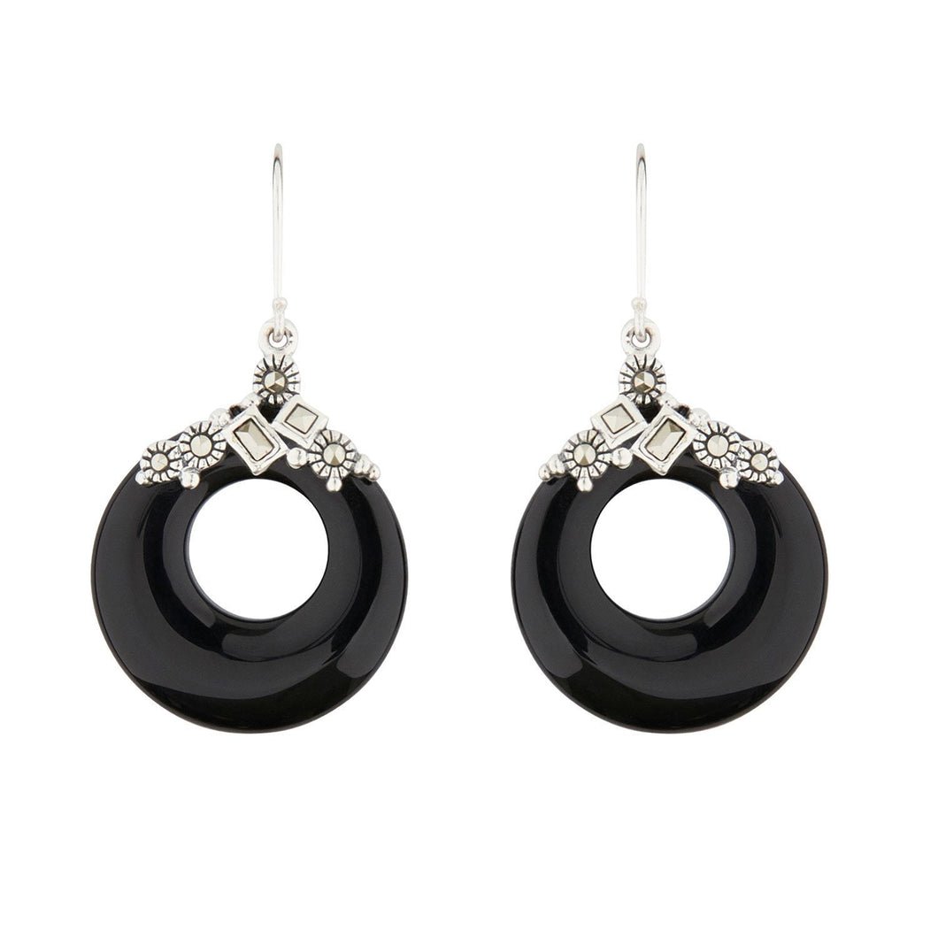Art Deco Style Drop Earrings: Sterling Silver, Black Onyx, Marcasite