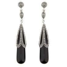 Load image into Gallery viewer, Silver, Marcasite and Onyx Art Deco Style Earrings