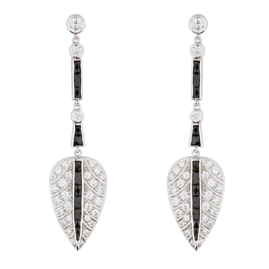 Art Deco Style Drop Earrings: Silver, Onyx, Cubic Zirconia