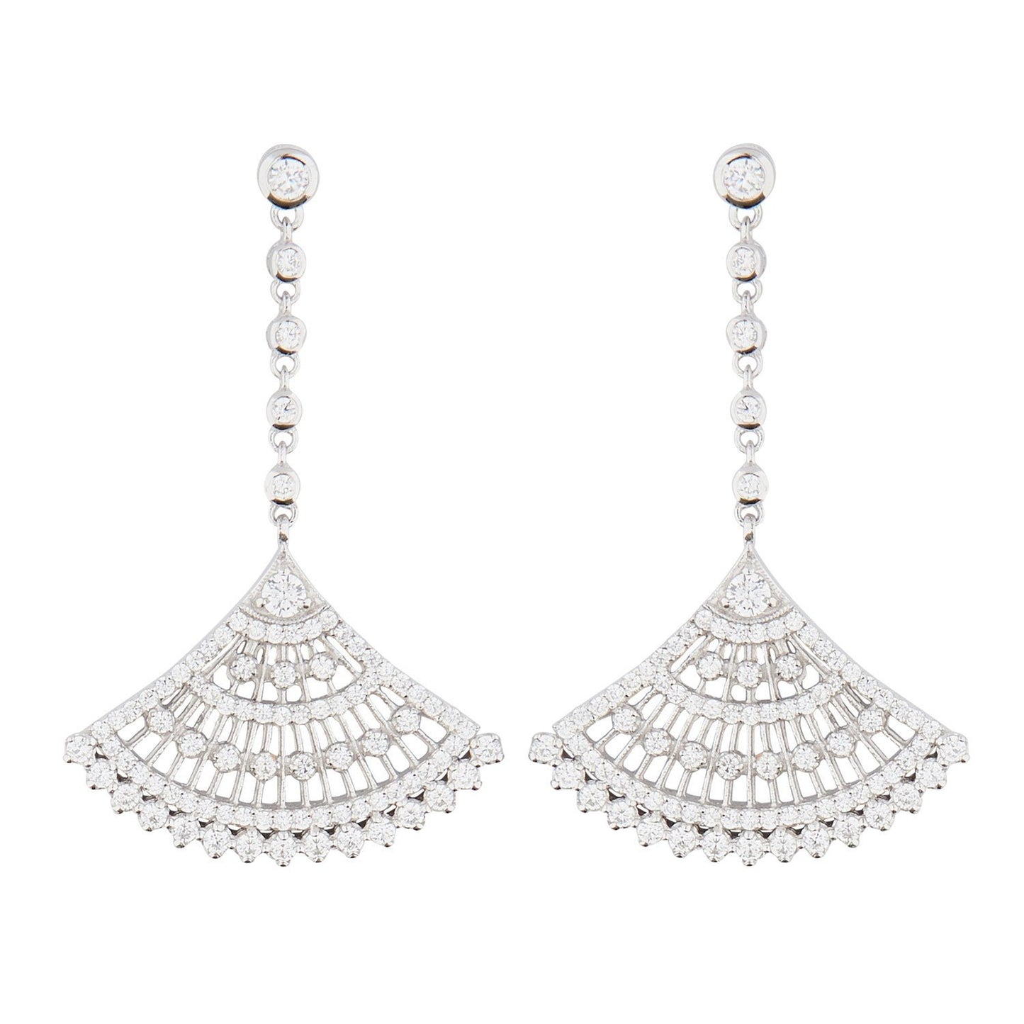 Art Deco Style Fan Drop Earrings: Sterling Silver, Cubic Zirconia 