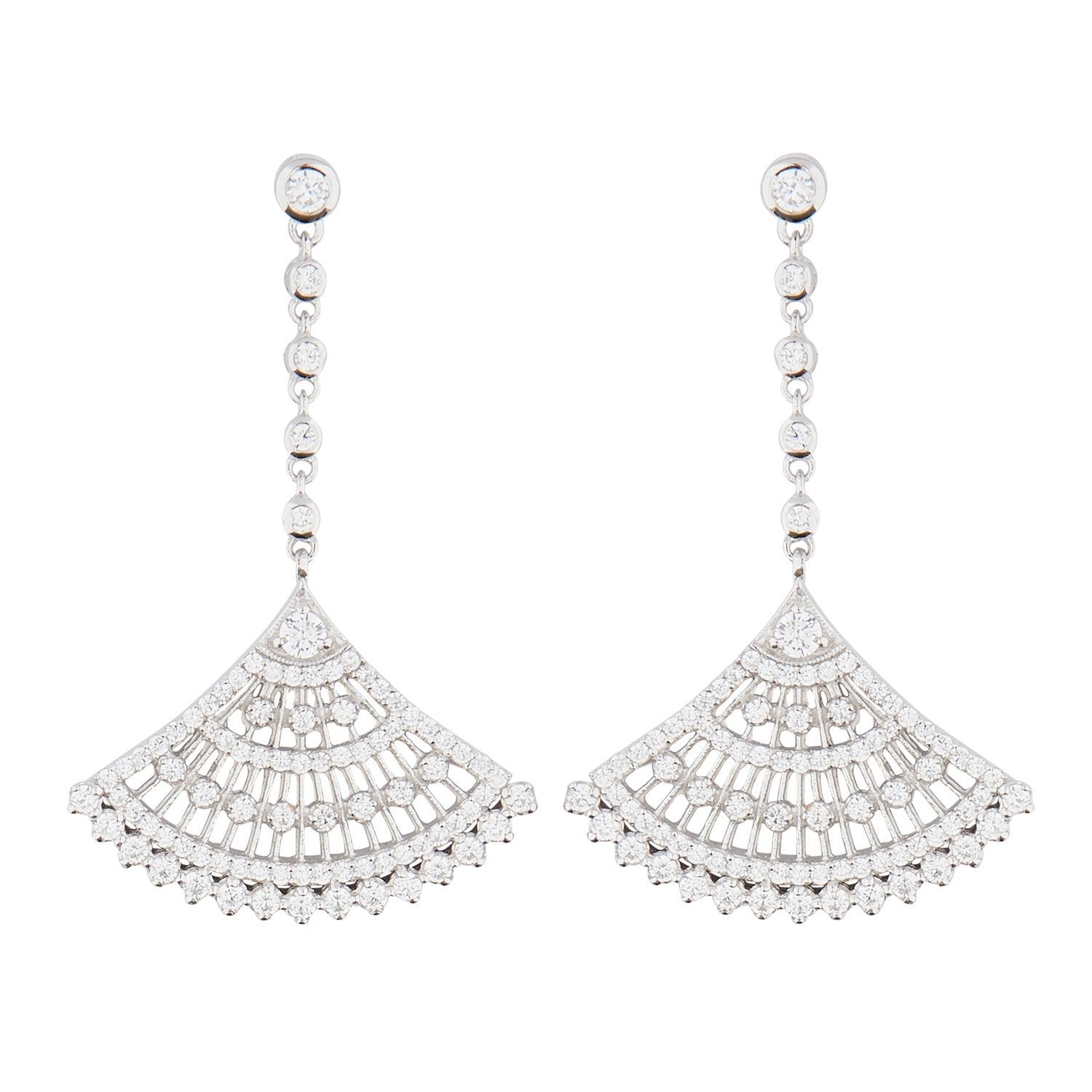 Art Deco Style Fan Drop Earrings: Sterling Silver, Cubic Zirconia 
