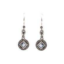 Load image into Gallery viewer, Miranda: Art Deco Drop Earrings in Blue Topaz, Marcasite and Sterling Silver