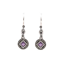 Load image into Gallery viewer, Miranda: Art Deco Drop Earrings in Amethyst, Marcasite and Sterling Silver