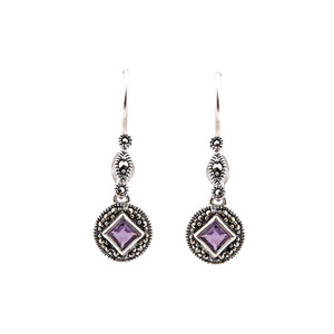 Miranda: Art Deco Drop Earrings in Amethyst, Marcasite and Sterling Silver