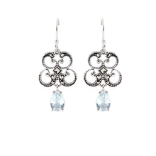Load image into Gallery viewer, Titania: Art Deco Drop Earrings in Blue Topaz, Marcasite and Sterling Silver