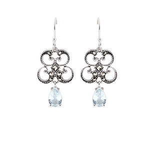 Titania: Art Deco Drop Earrings in Blue Topaz, Marcasite and Sterling Silver
