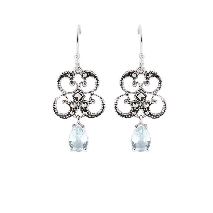 Titania: Art Deco Drop Earrings in Blue Topaz, Marcasite and Sterling Silver