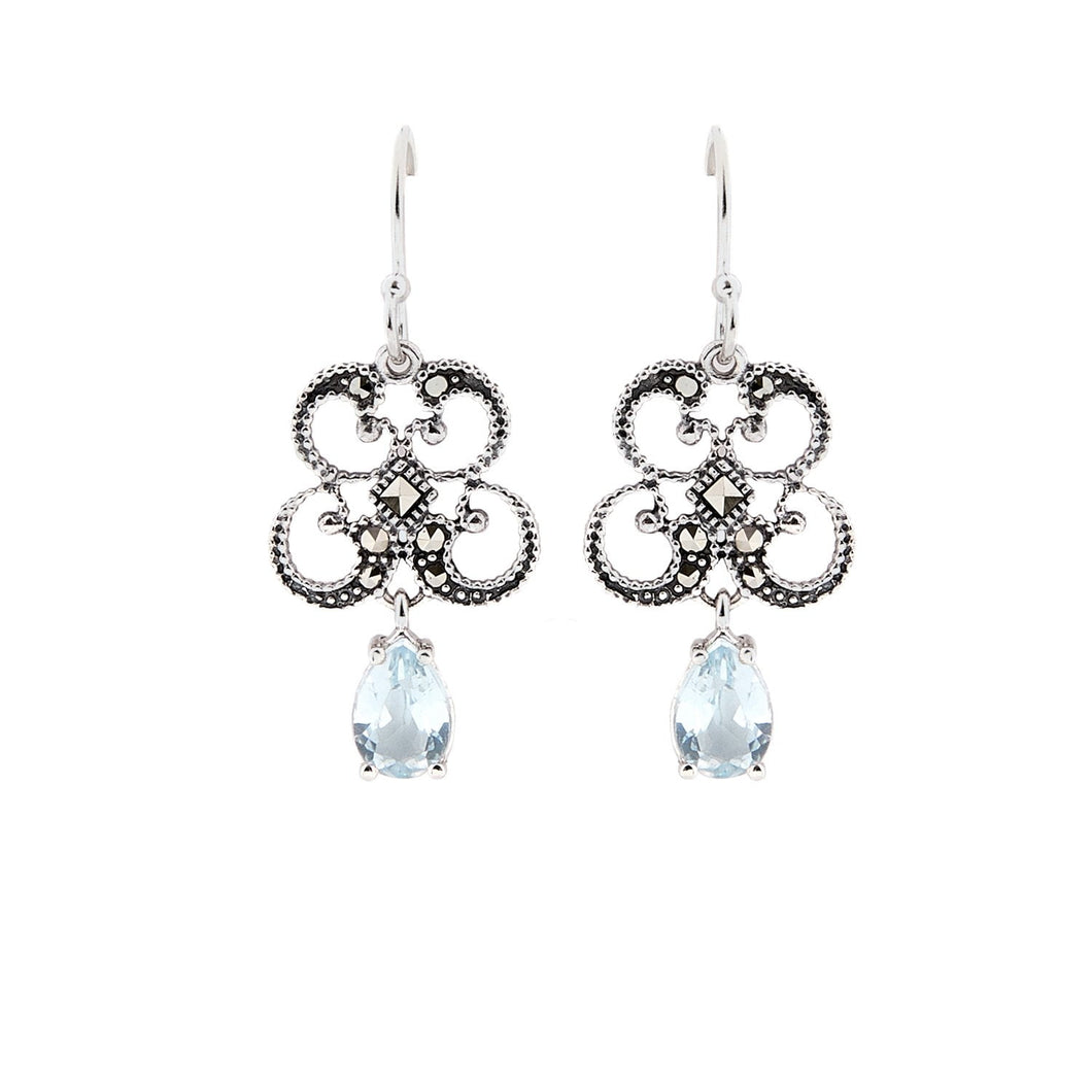 Titania: Art Deco Drop Earrings in Blue Topaz, Marcasite and Sterling Silver