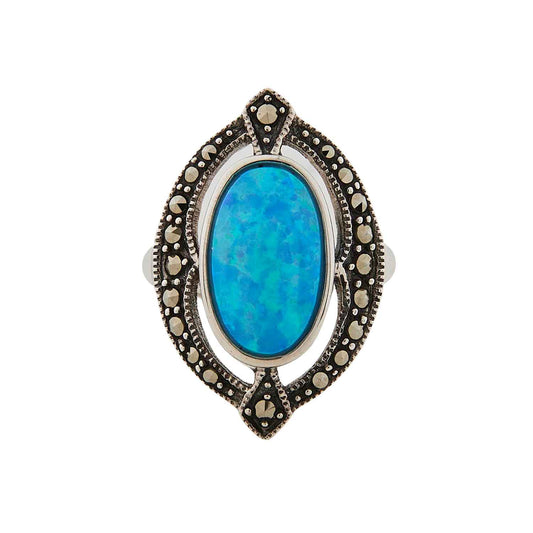 Art Deco Style Ring: Sterling Silver, Cultured Opal, Marcasite