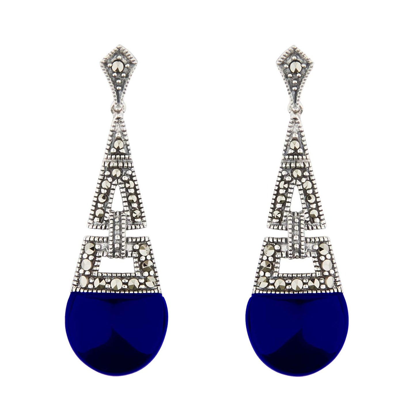 Art Deco Style Drop Earrings: Synthetic Lapis Lazuli, Marcasite and Sterling Silver