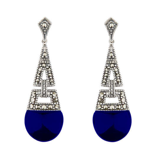 Art Deco Style Drop Earrings: Synthetic Lapis Lazuli, Marcasite and Sterling Silver