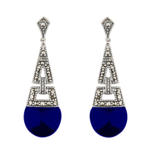 Load image into Gallery viewer, Art Deco Style Drop Earrings: Synthetic Lapis Lazuli, Marcasite and Sterling Silver
