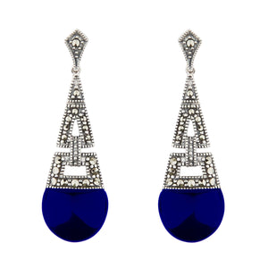 Art Deco Style Drop Earrings: Synthetic Lapis Lazuli, Marcasite and Sterling Silver