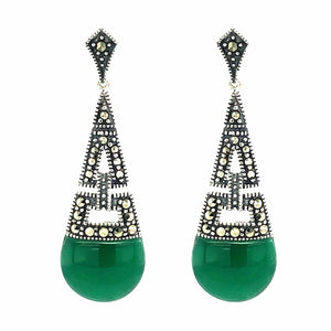 Art Deco Style Drop Earrings: Green Agate, Marcasite and Sterling Silver