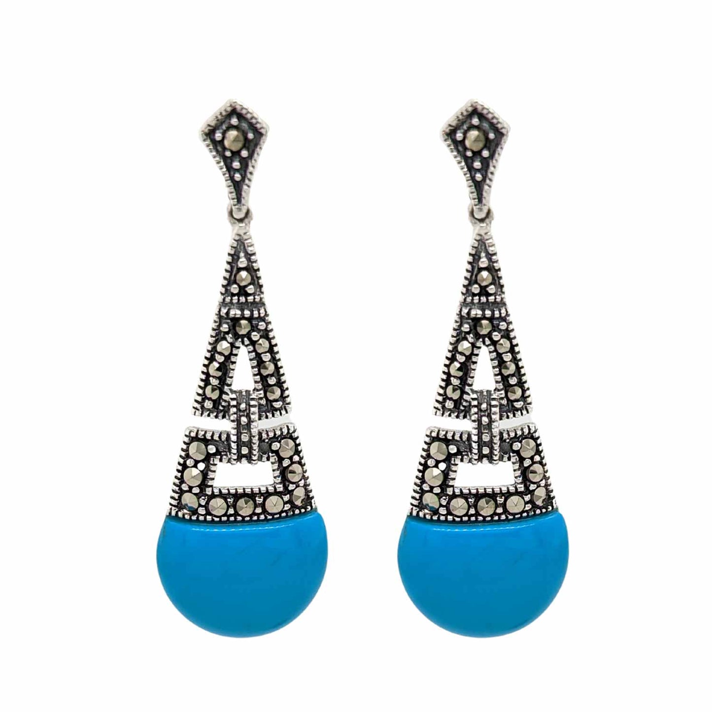 Art Deco Style Drop Earrings: Synthetic Turquoise, Marcasite and Sterling Silver