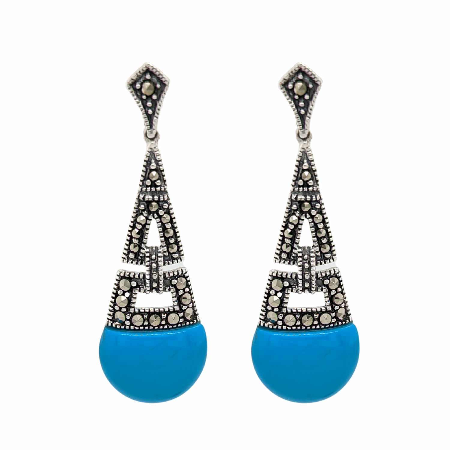 Art Deco Style Drop Earrings: Synthetic Turquoise, Marcasite and Sterling Silver