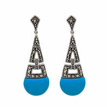 Load image into Gallery viewer, Art Deco Style Drop Earrings: Synthetic Turquoise, Marcasite and Sterling Silver