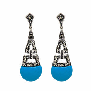 Art Deco Style Drop Earrings: Synthetic Turquoise, Marcasite and Sterling Silver