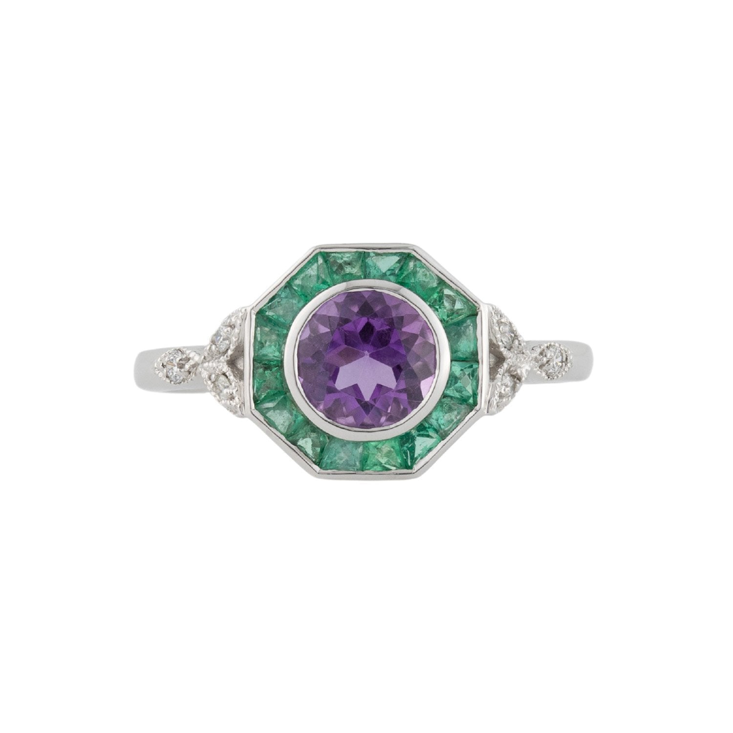 Art Deco Style Ring: 9ct White Gold, Amethyst, Emerald and Diamond