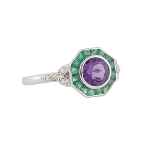 Art Deco Style Ring: 9ct White Gold, Amethyst, Emerald and Diamond