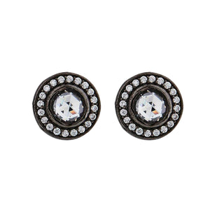 Georgian Style Rose Cut Classic Cluster Stud Earrings: Cubic Zirconia, Black Rhodium Plated Sterling Silver