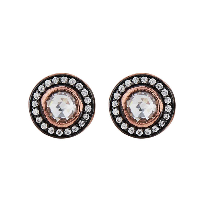 Georgian Style Rose Cut Cubic Zirconia Classic Cluster Stud Earrings: Cubic Zirconia, Rose Gold Plated Sterling Silver
