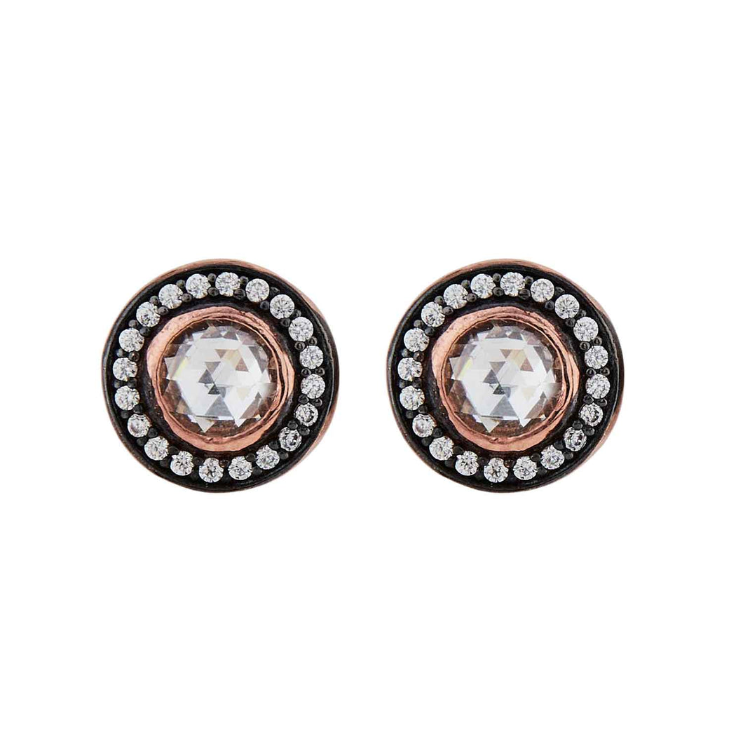 Georgian Style Rose Cut Cubic Zirconia Classic Cluster Stud Earrings: Cubic Zirconia, Rose Gold Plated Sterling Silver