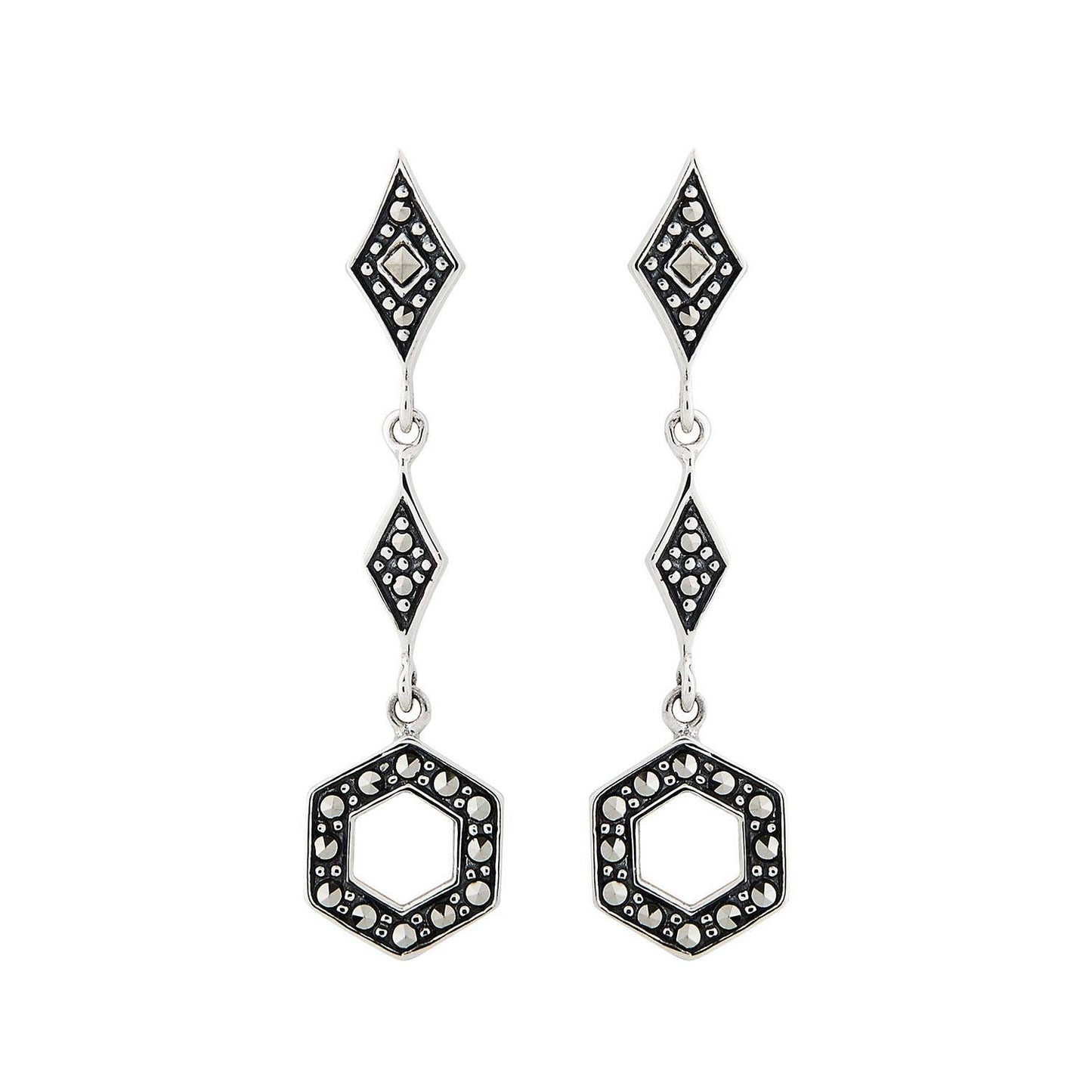 Art Deco Style Geometric Drop Earrings: Marcasite and Sterling Silver