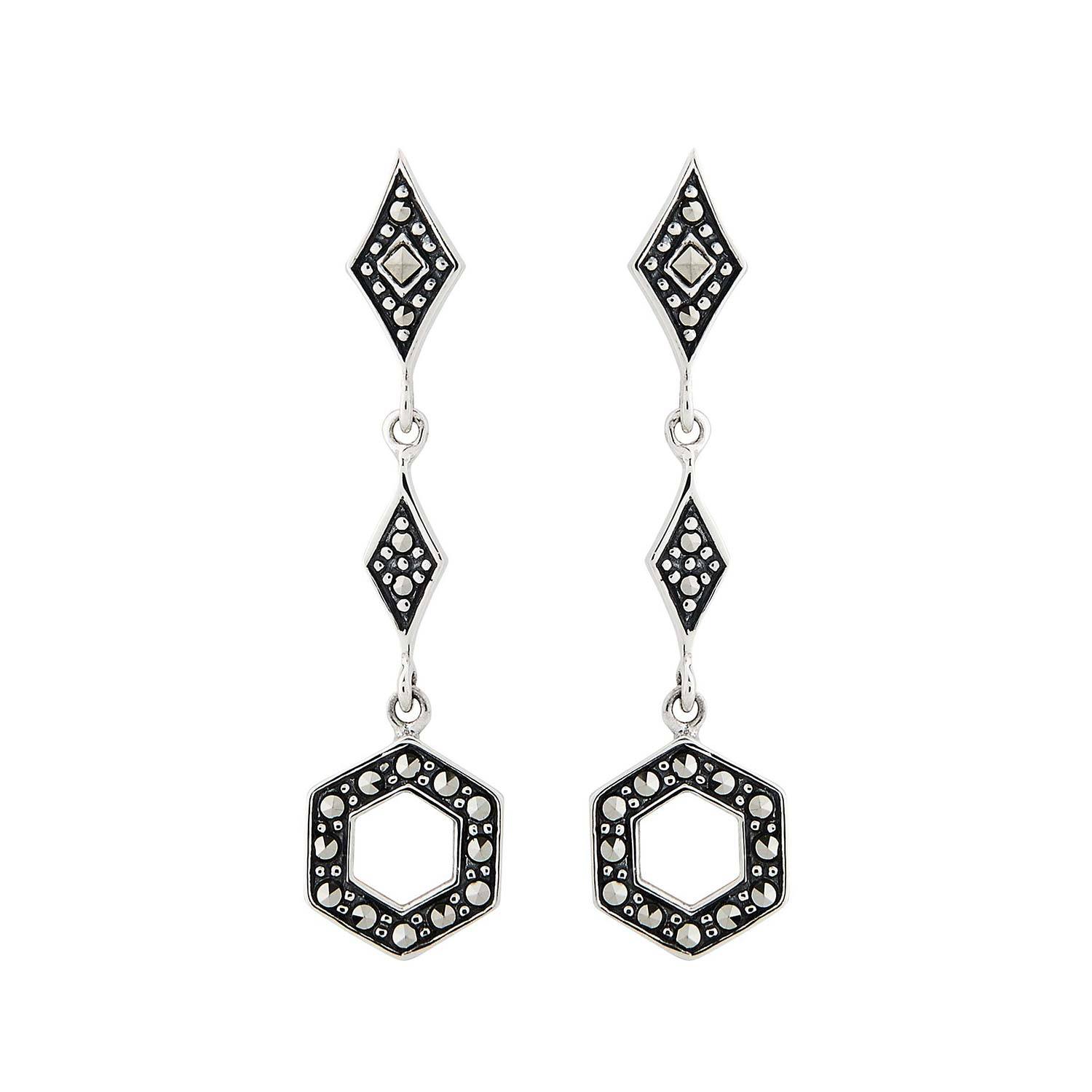Art Deco Style Geometric Drop Earrings: Marcasite and Sterling Silver