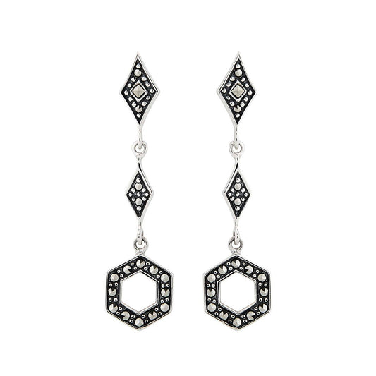 Art Deco Style Geometric Drop Earrings: Marcasite and Sterling Silver