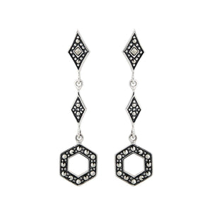 Art Deco Style Geometric Drop Earrings: Marcasite and Sterling Silver