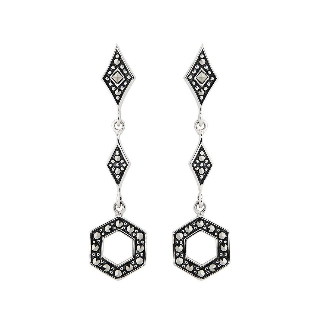 Art Deco Style Geometric Drop Earrings: Marcasite and Sterling Silver