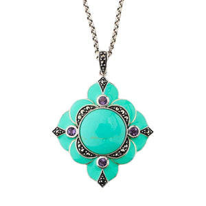 Art Nouveau Style Pendant: Sterling Silver, Enamel, Amethyst, Turquoise, Marcasite