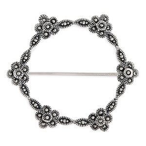 Art Nouveau Style Circle of Flowers Brooch: Marcasite and Sterling Silver