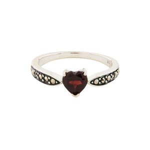 Art Deco Style Heart Ring: Sterling Silver, Marcasite, Red Garnet