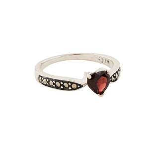 Art Deco Style Heart Ring: Sterling Silver, Marcasite, Red Garnet