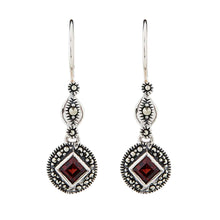 Load image into Gallery viewer, Miranda: Art Deco Drop Earrings in Red Garnet, Marcasite and Sterling Silver