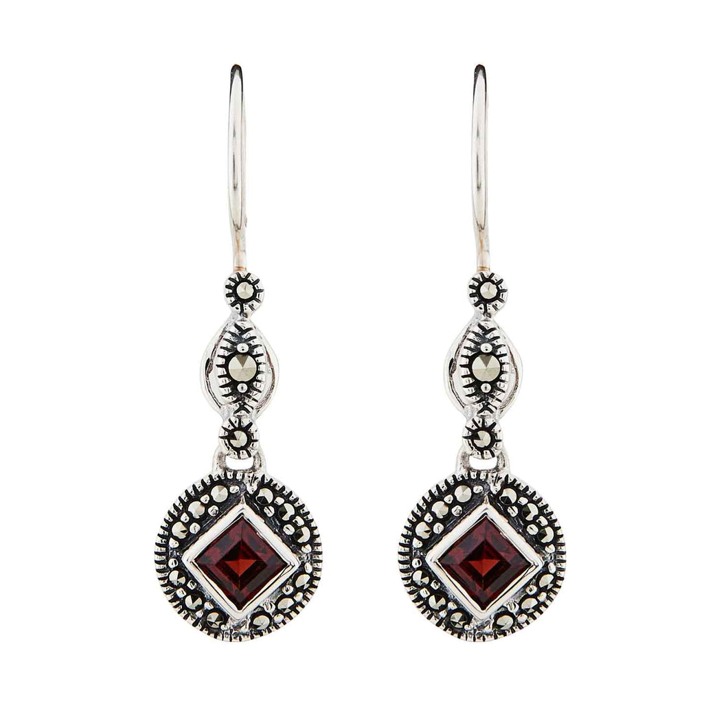 Miranda: Art Deco Drop Earrings in Red Garnet, Marcasite and Sterling Silver