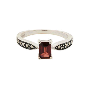 Art Deco Style Ring: Red Garnet, Sterling Silver, Marcasite