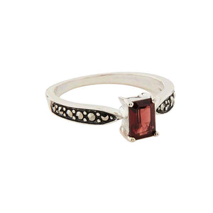 Art Deco Style Ring: Red Garnet, Sterling Silver, Marcasite