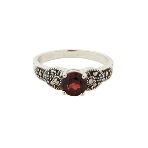 Art Deco Style Ring: Sterling Silver, Marcasite, Red Garnet