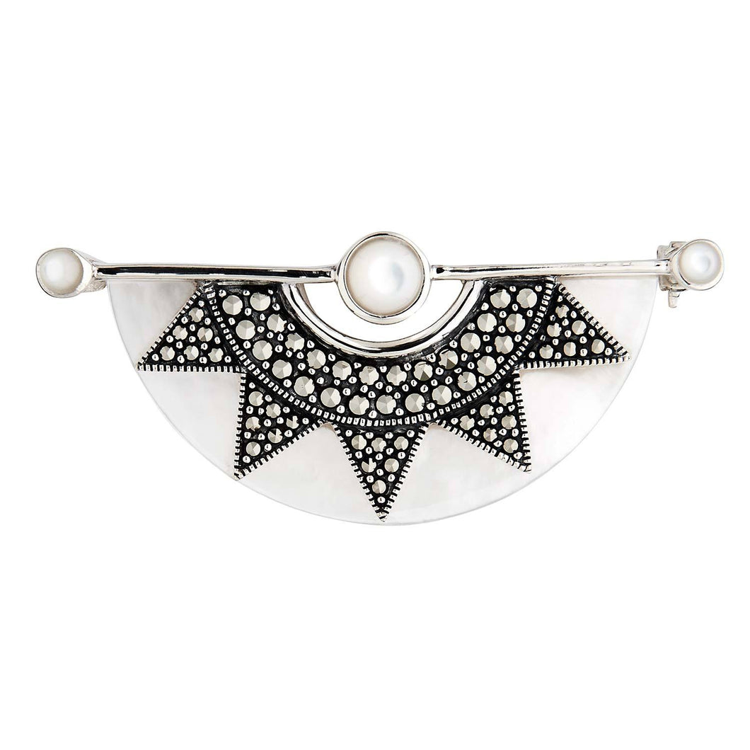 Art Deco Style Sunburst Brooch: Mother of Pearl, Marcasite and Sterling Silver
