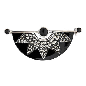 Art Deco Sunburst Brooch: Black Onyx, Marcasite and Sterling Silver