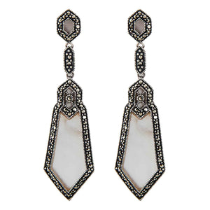 Harlow: Art Deco Drop Earrings in Mother of Pearl, Marcasite and Sterling Silver