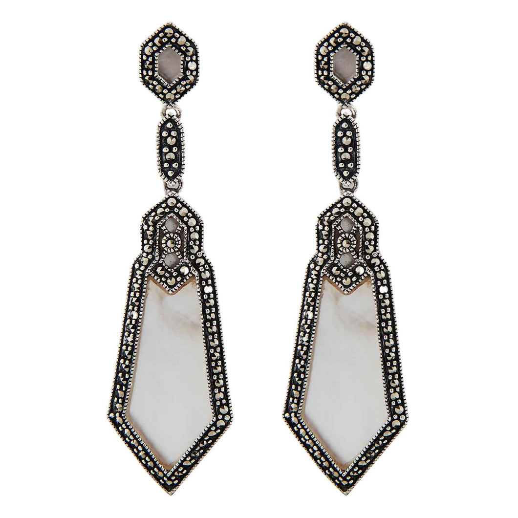 Harlow: Art Deco Drop Earrings in Mother of Pearl, Marcasite and Sterling Silver