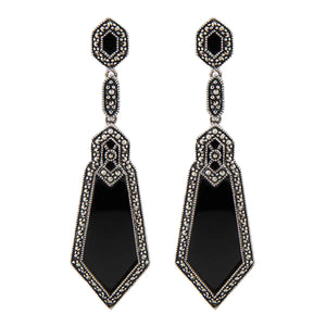 Harlow: Art Deco Design Drop Earrings in Onyx, Marcasite and Sterling Silver